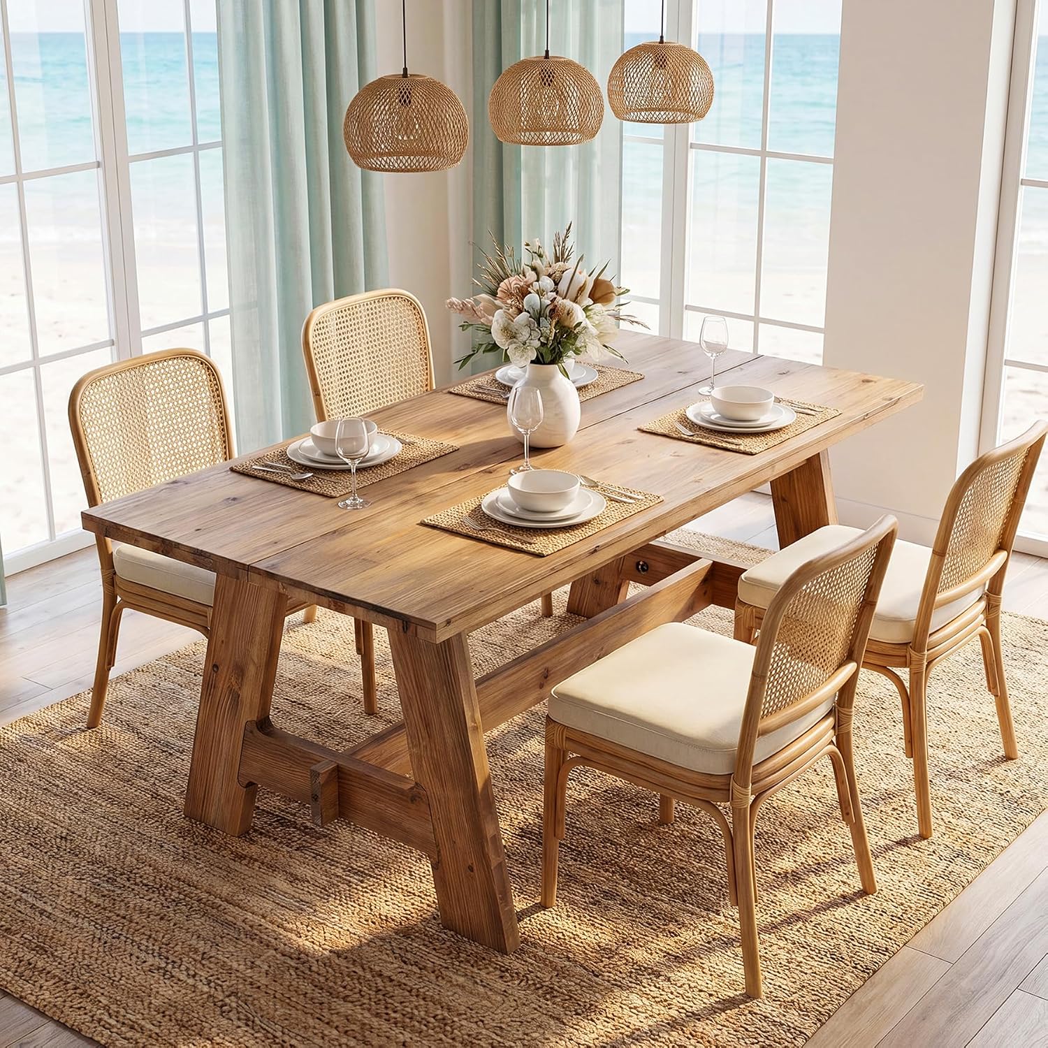 63" Farmhouse Solid Wood Dining Table for 4-6