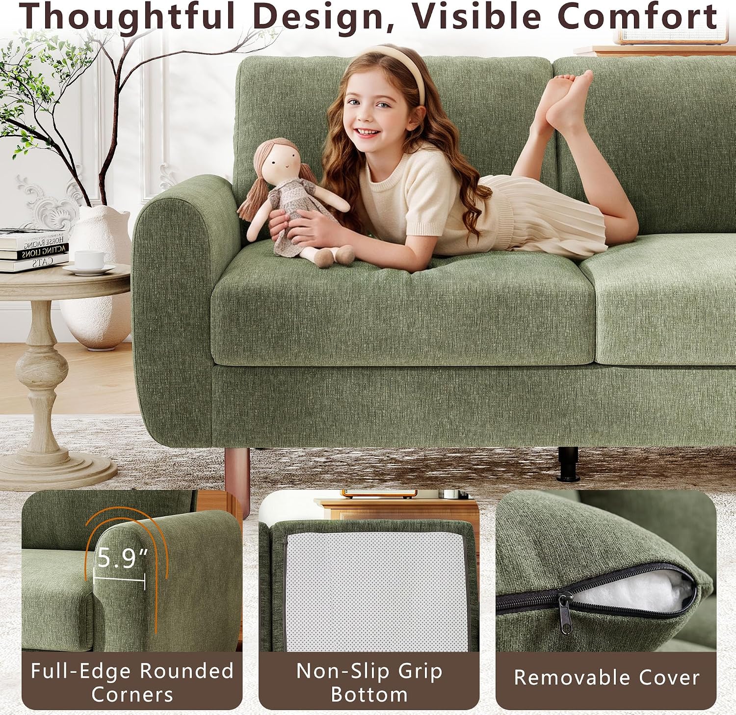 68" Mid Century Chenille Loveseat, Green