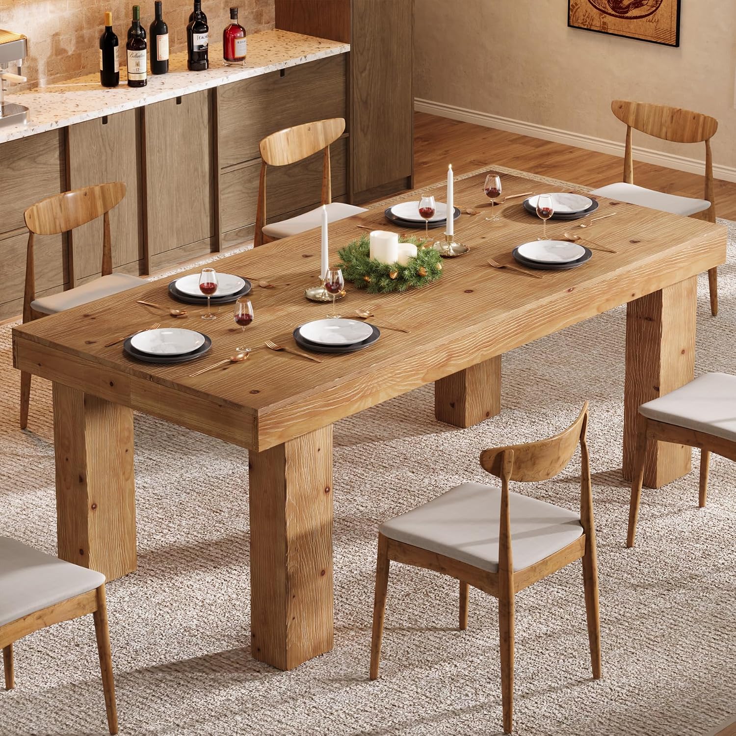 63" Light Brown Farmhouse Solid Wood Dining Table
