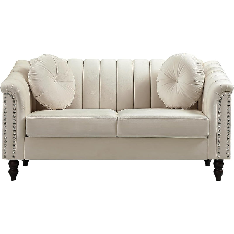 60" White Microfiber Chesterfield Loveseat